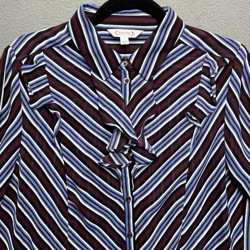 Nanette Lepore Women Blouse Striped Ruffle Front Large Officecore Professional